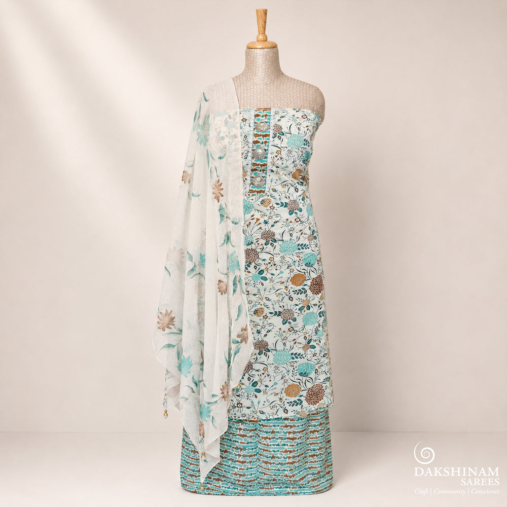White three-piece suit set with floral design, Shibori bottom and printed dupatta