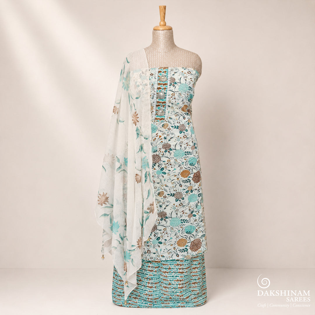 White three-piece suit set with floral design, Shibori bottom and printed dupatta