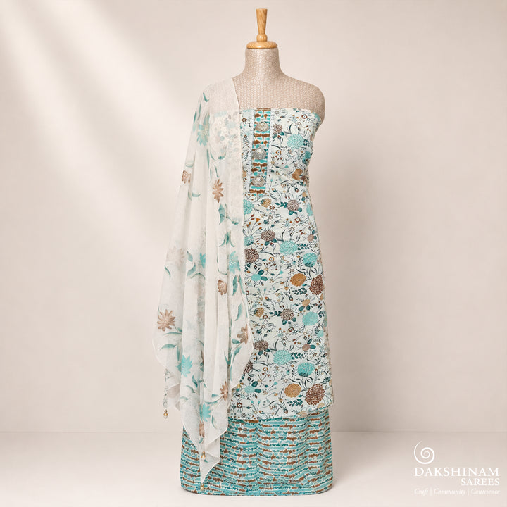 White three-piece suit set with floral design, Shibori bottom and printed dupatta