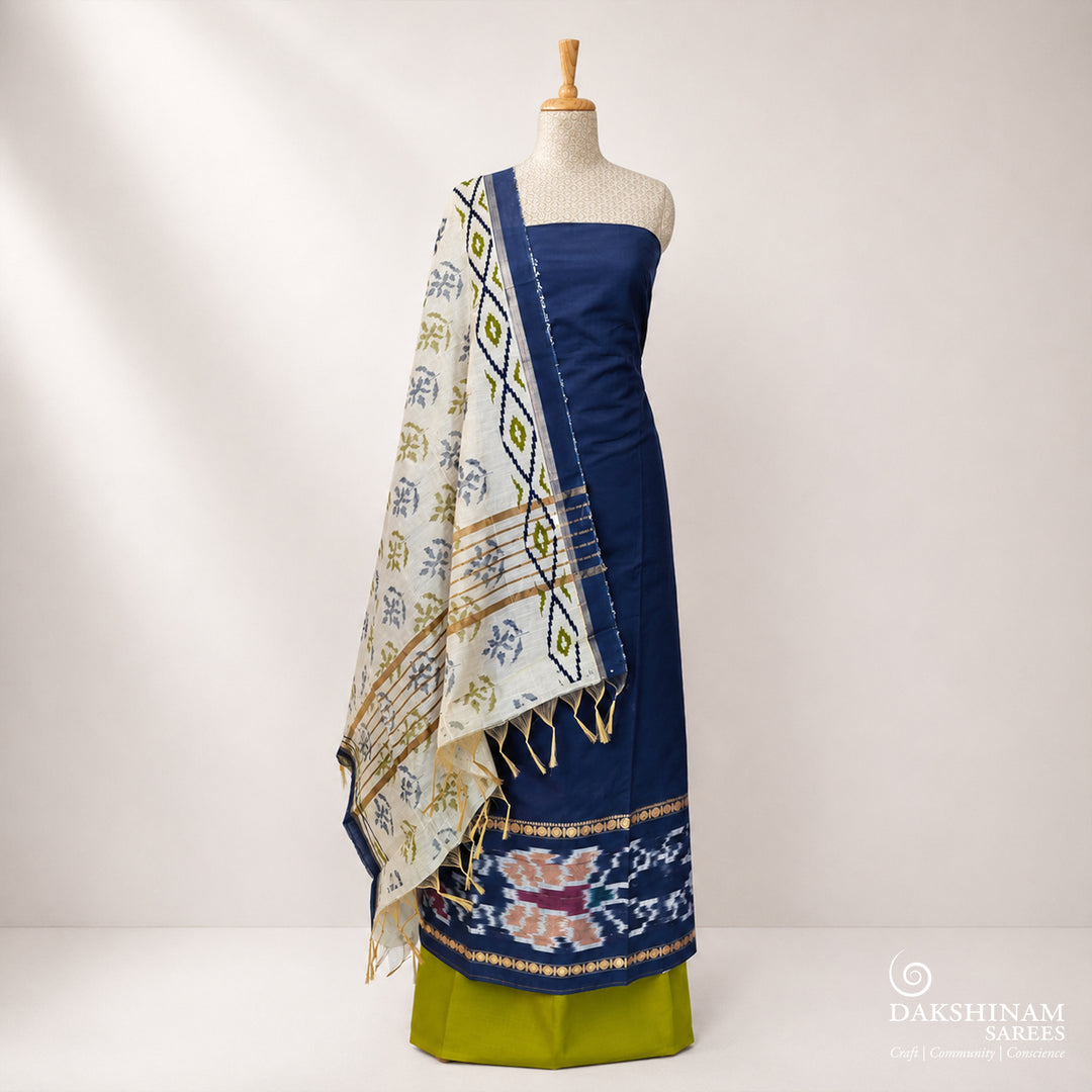 Blue and Green Three-Piece Suit Set with Ikkat Design and Silk Cotton Dupatta 57T016868DSC