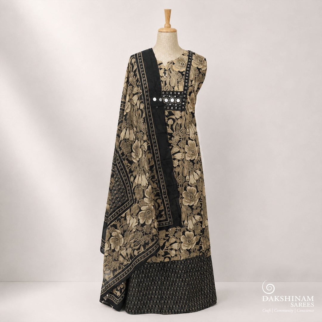 Black Three-Piece Suit Set with Floral Mirror Work and Printed 56T015610DSC