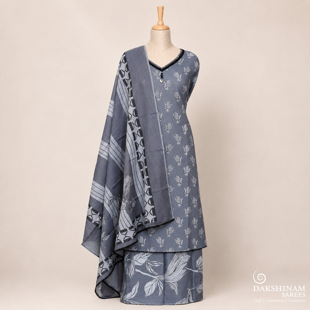 Grey three-piece suit set with black floral buttas, stonework and striped dupatta