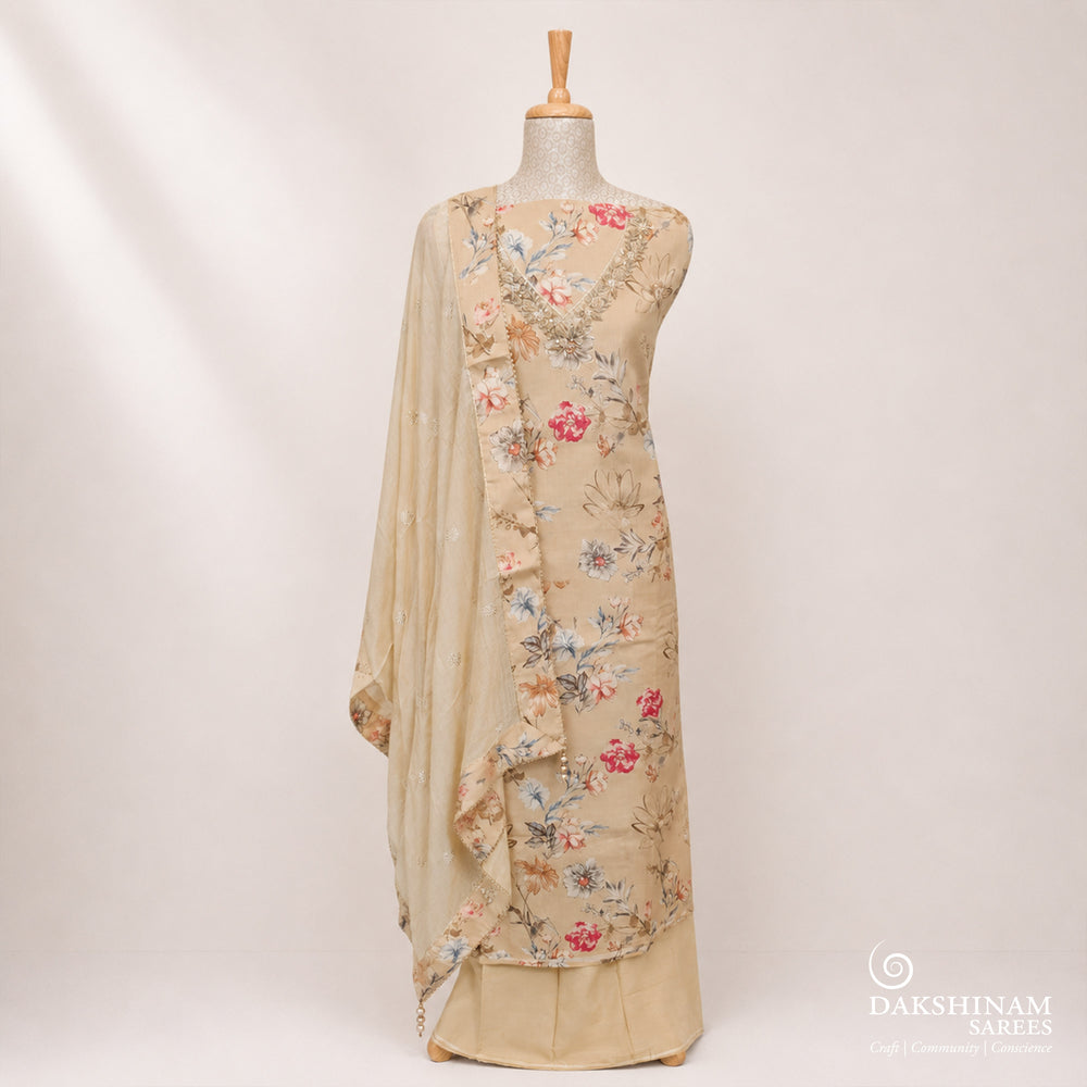 Beige three-piece suit set with floral print, stonework and hand embroidery