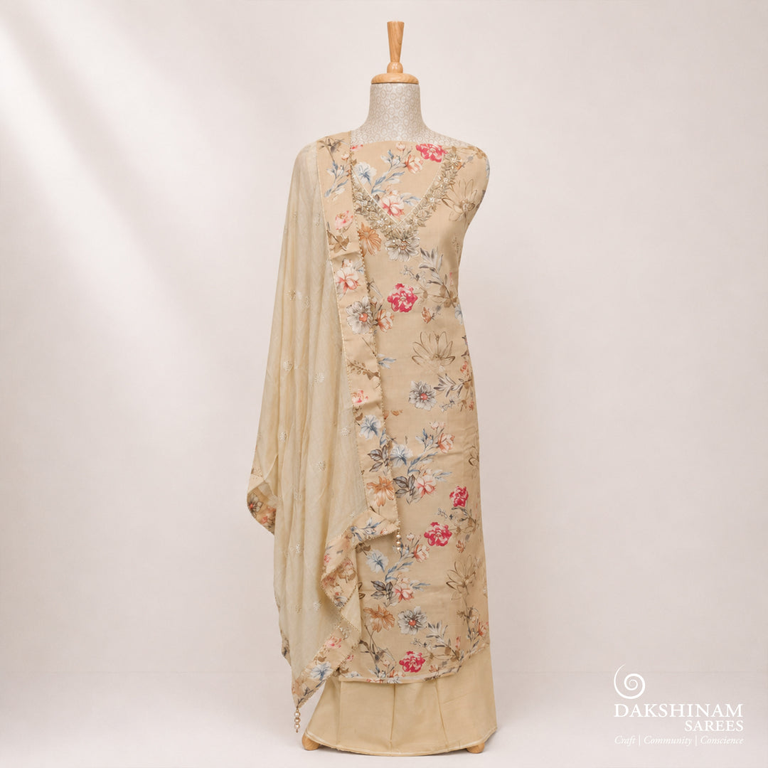 Beige three-piece suit set with floral print, stonework and hand embroidery