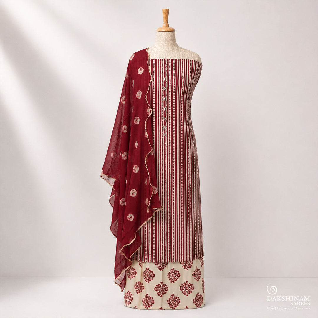 Maroon Three-Piece Suit Set with Striped Design and Bandhani Dupatta 67T015613DSC