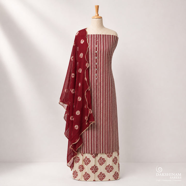 Maroon Three-Piece Suit Set with Striped Design and Bandhani Dupatta 67T015613DSC