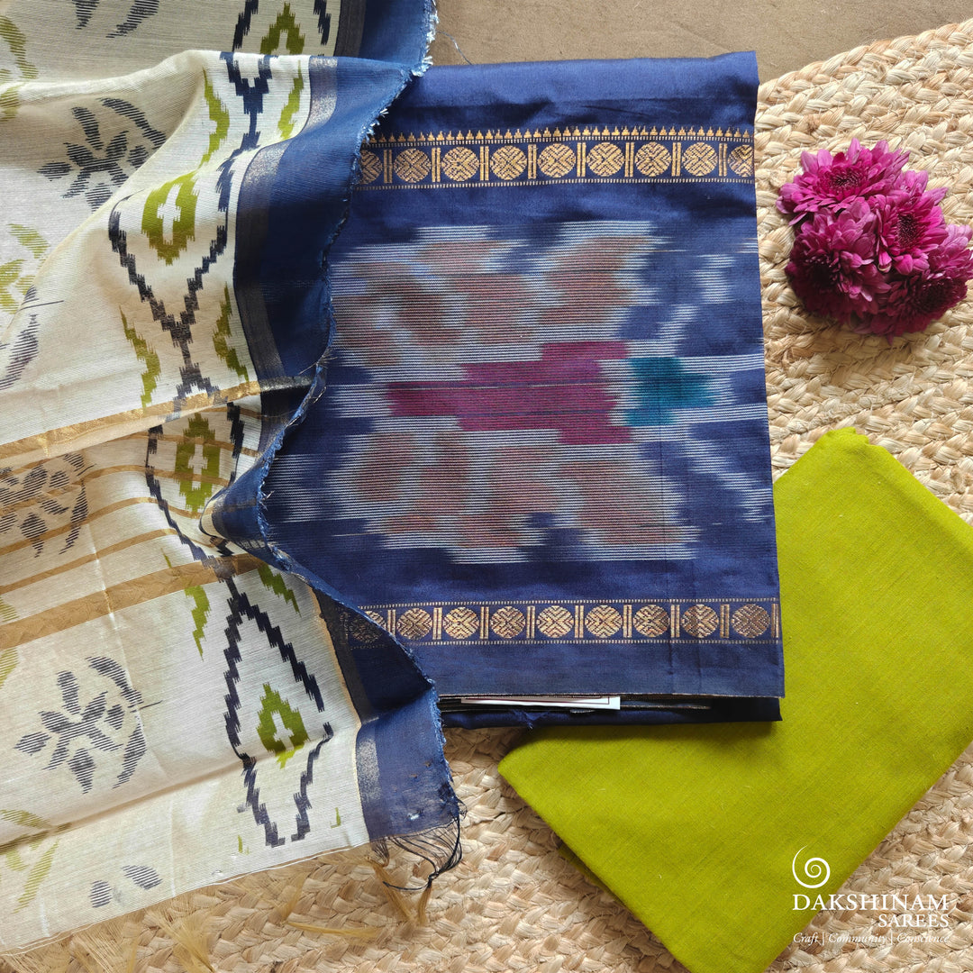 Blue and Green Three-Piece Suit Set with Ikkat Design and Silk Cotton Dupatta 57T016868DSC