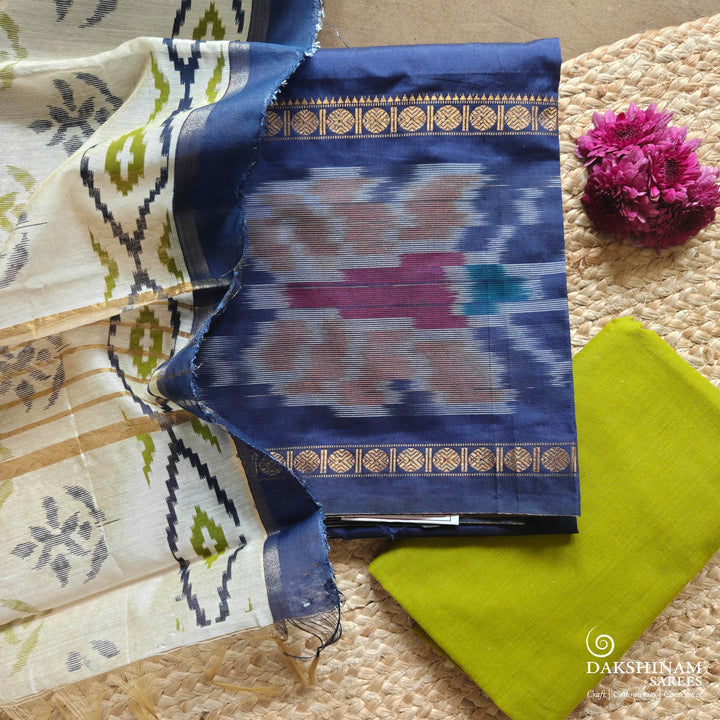 Blue and Green Three-Piece Suit Set with Ikkat Design and Silk Cotton Dupatta 57T016868DSC