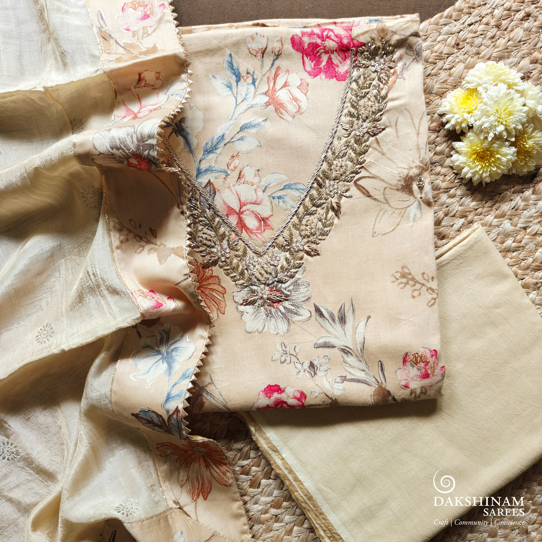 Beige three-piece suit set with floral print, stonework and hand embroidery