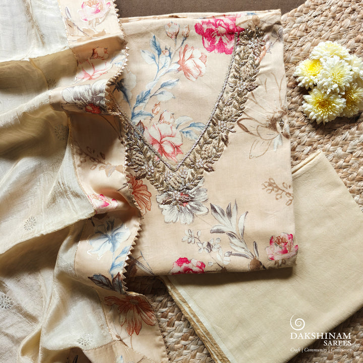 Beige three-piece suit set with floral print, stonework and hand embroidery