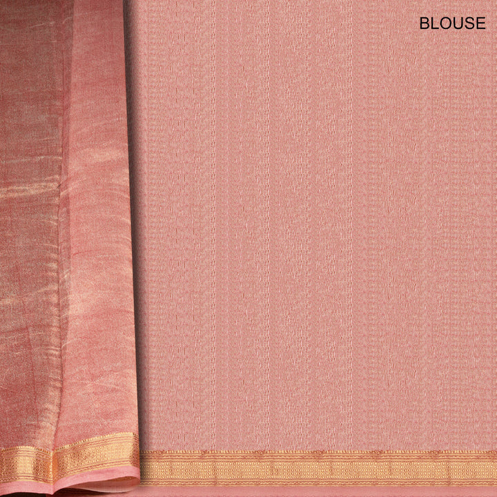 Pink Chanderi silk cotton saree with gold zari dotted triangle motifs and embroidered lace border