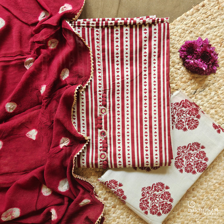 Maroon Three-Piece Suit Set with Striped Design and Bandhani Dupatta 67T015613DSC