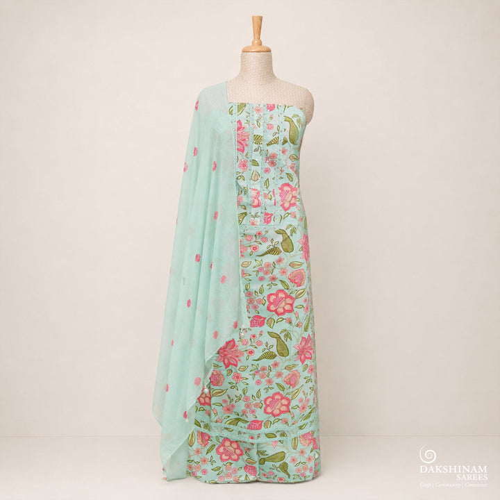 Aqua Green Three-Piece Suit Set with Floral Handwork and Bandhani Dupatta 71T017331DSC