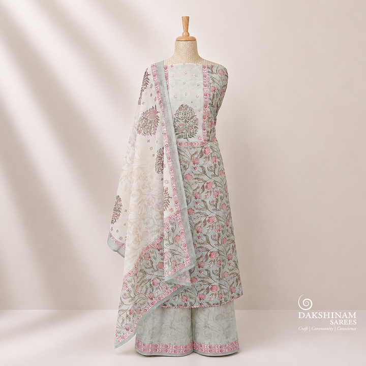 Pastel Mint Linen Appliqué and Embroidered 3 Piece Suit Set with Handblock Print Dupatta 40T016544DSC