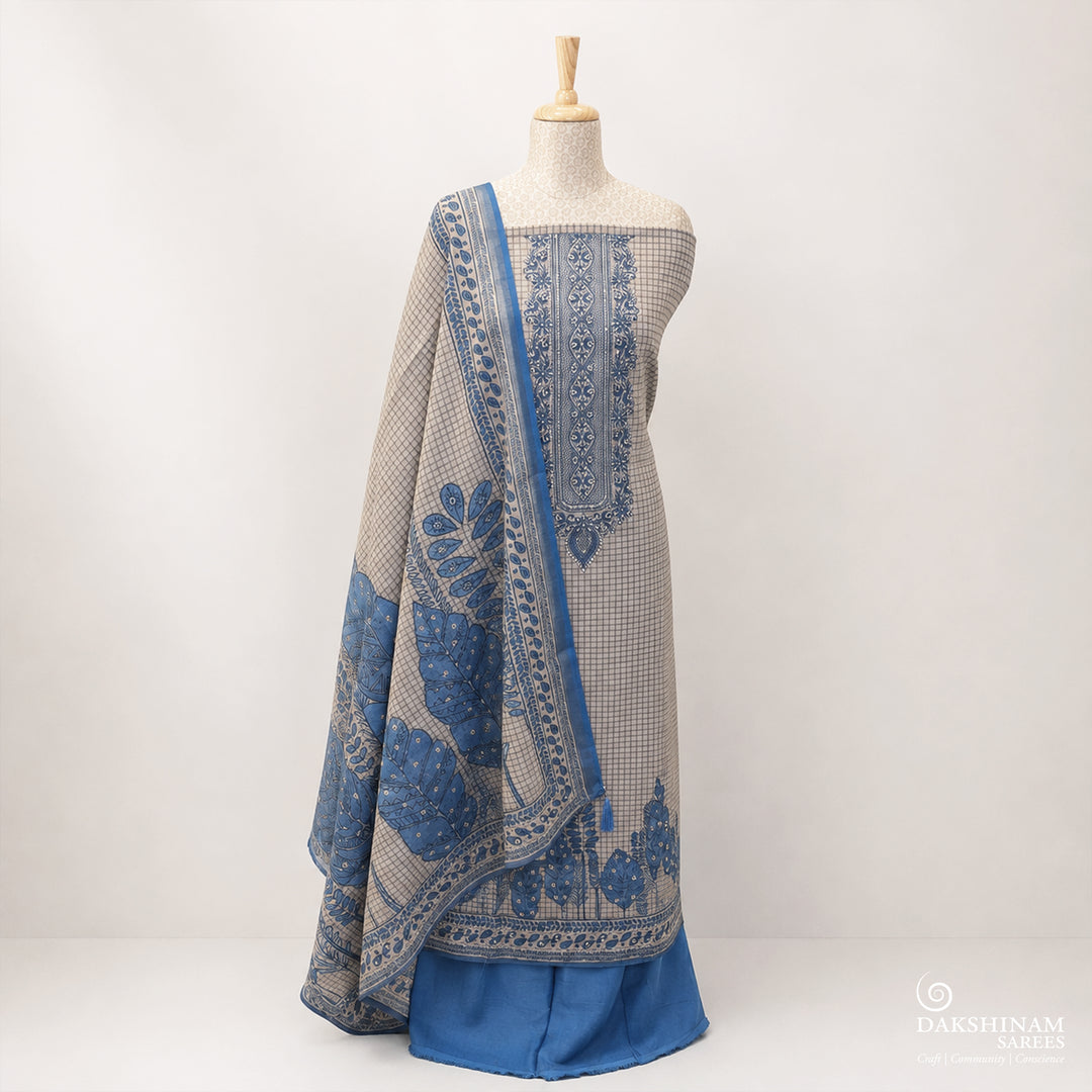 Grey and Blue Three-Piece Suit Set with Hand Embroidery and Floral Dupatta 70T017346DSC