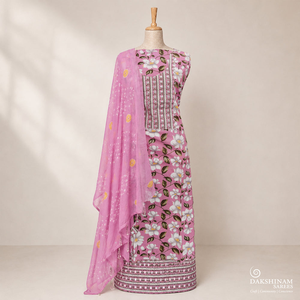 Pink three-piece suit set with floral print, sequin embroidery and Bandhani dupatta