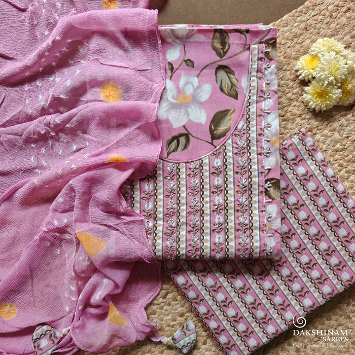 Pink three-piece suit set with floral print, sequin embroidery and Bandhani dupatta