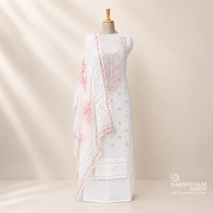 White Kota Embroidered 3 Piece Suit Set with Hacoba Lace Dupatta 37N046375DSC