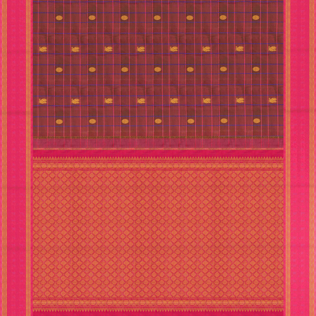 Magenta dual-tone Kanjivaram silk saree with pink border, chakram and annam motifs, and gold zari work