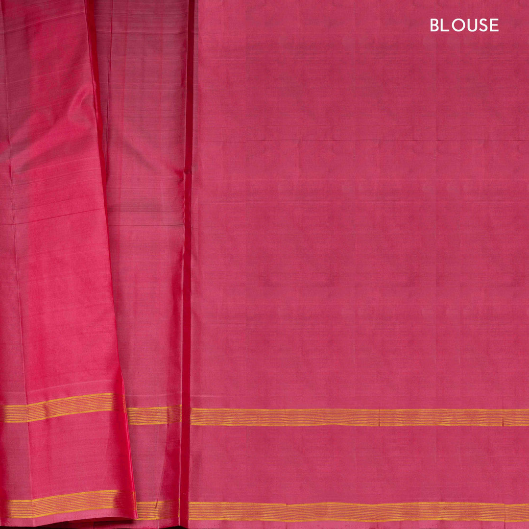 Magenta dual-tone Kanjivaram silk saree with pink border, chakram and annam motifs, and gold zari work