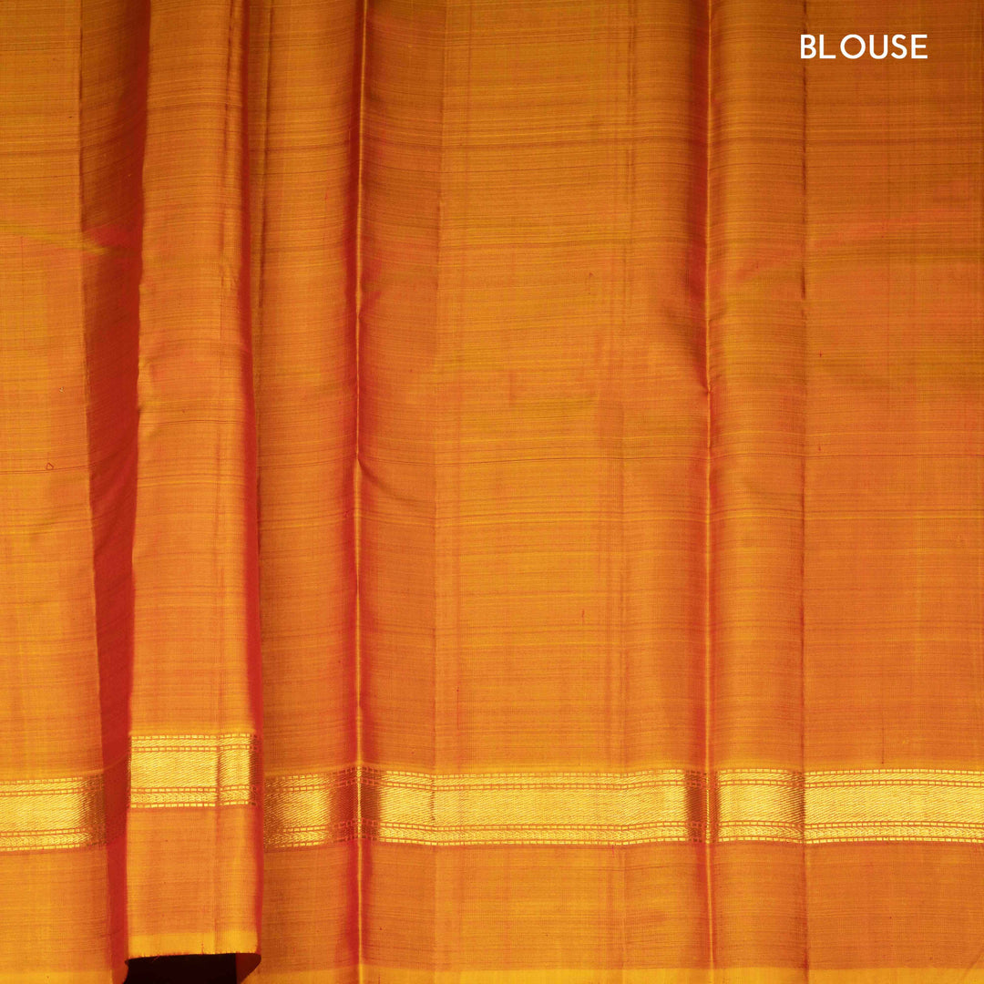 Maroon handwoven Kanjivaram silk saree with mango yellow border, gold zari and contrast pallu