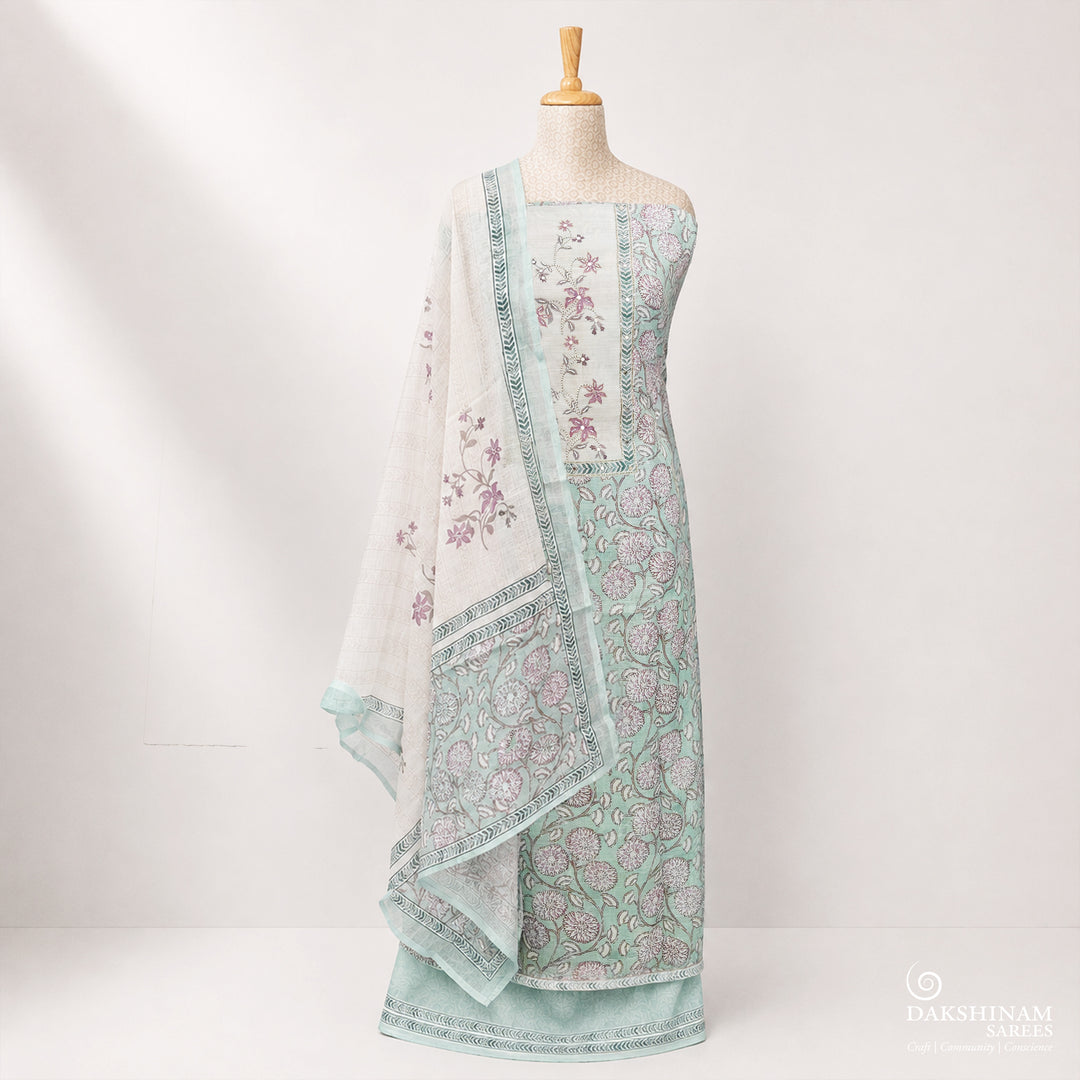 Mint Green Three-Piece Suit Set with Floral Embroidery and Mirror Work 63N046083DSC