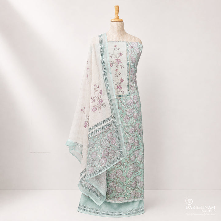 Mint Green Three-Piece Suit Set with Floral Embroidery and Mirror Work 63N046083DSC