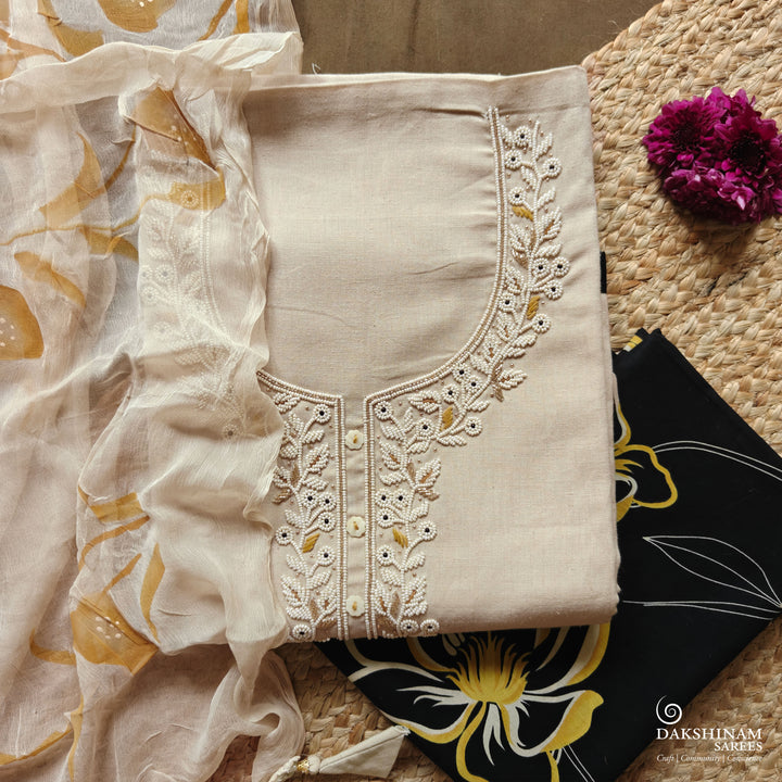 Beige and Black Three-Piece Suit Set with Embroidery and Hand-Painted Dupatta 69T016535DSC