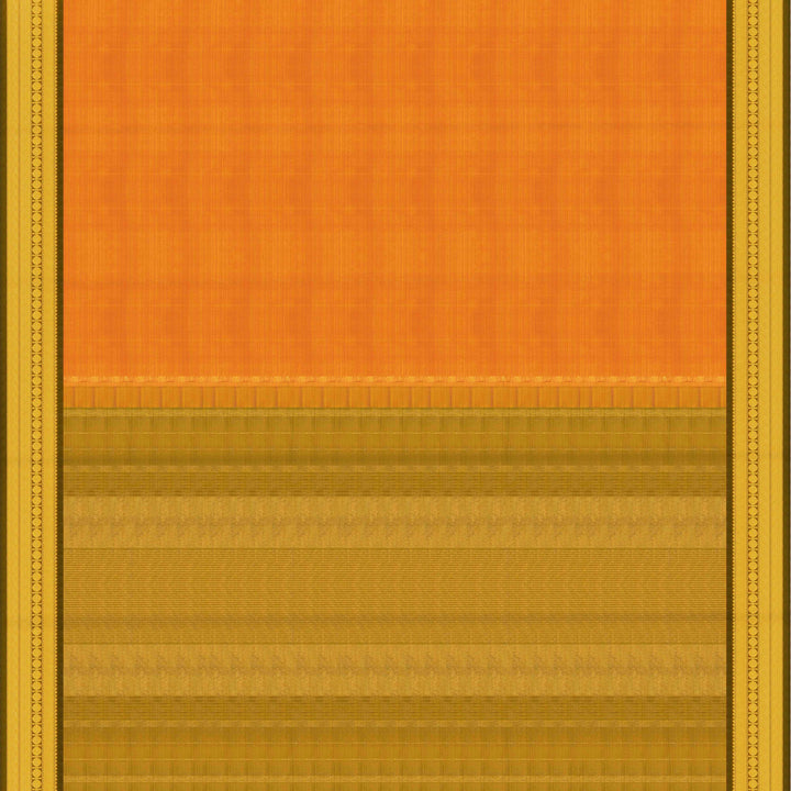 Mango yellow handwoven Kanjivaram silk saree with dark green border, gold zari and temple motifs