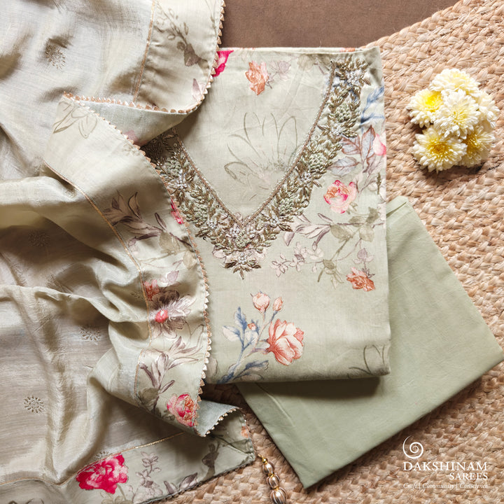 Elachi green three-piece suit set with floral print, stonework and hand embroidery