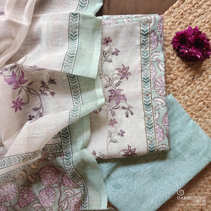Mint Green Three-Piece Suit Set with Floral Embroidery and Mirror Work 63N046083DSC