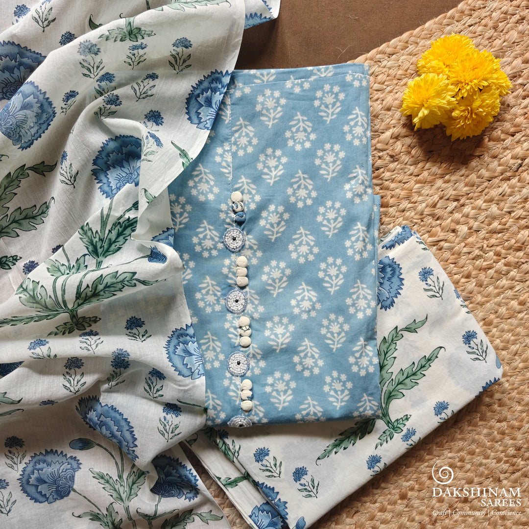 Blue and white three-piece suit set with floral handblock print