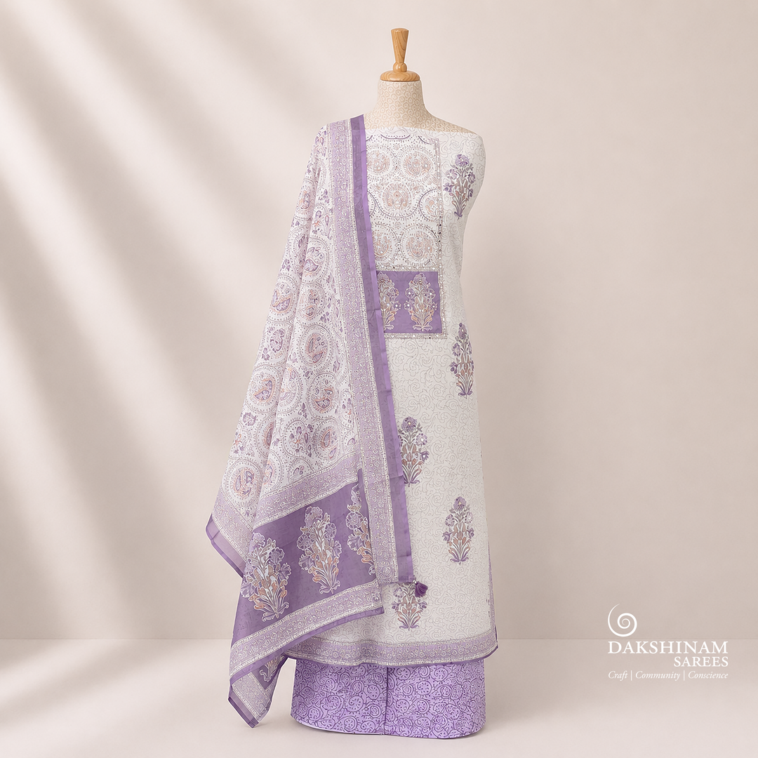 White and Lavender Cotton Floral Printed 3 Piece Suit Set with Dupatta 42N046085DSC