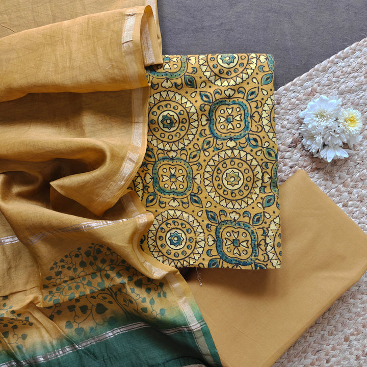 Yellow Ajrakh Printed Pure Cotton 3 Piece Suit Set with Chanderi Dupatta 20T016804DSC