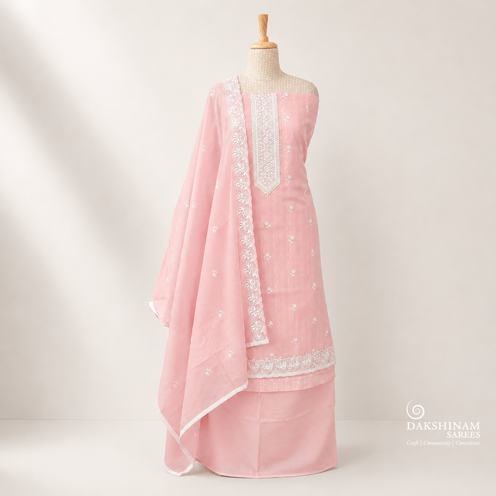 Peach cotton 3-piece suit set with floral embroidery and lace detailed dupatta