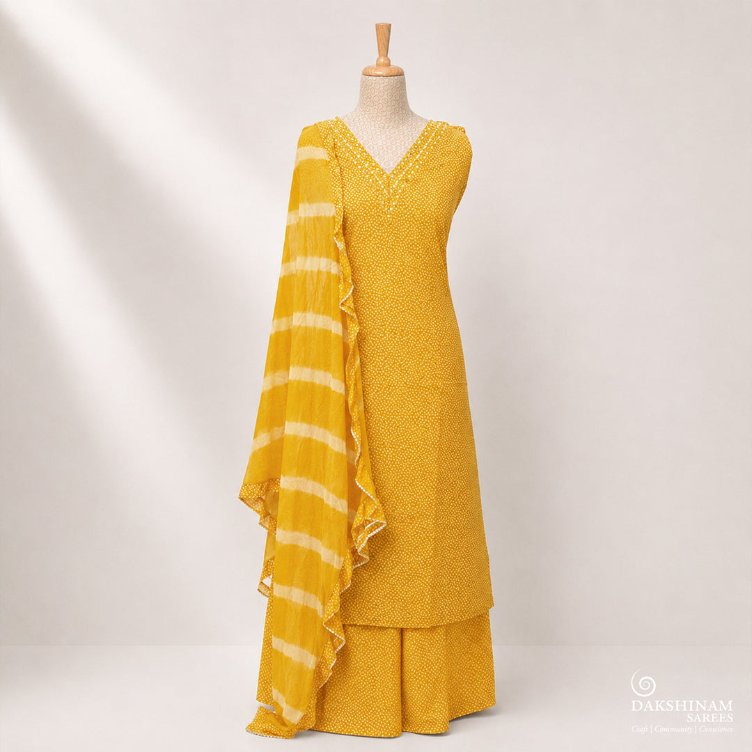 Mustard Yellow Three-Piece Suit Set with White Buttas and Leheriya Dupatta 66T015647DSC