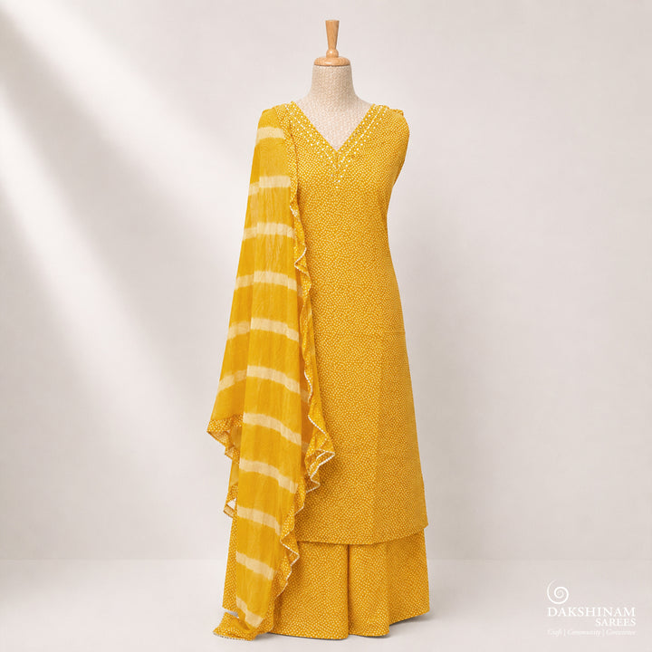 Mustard Yellow Three-Piece Suit Set with White Buttas and Leheriya Dupatta 66T015647DSC