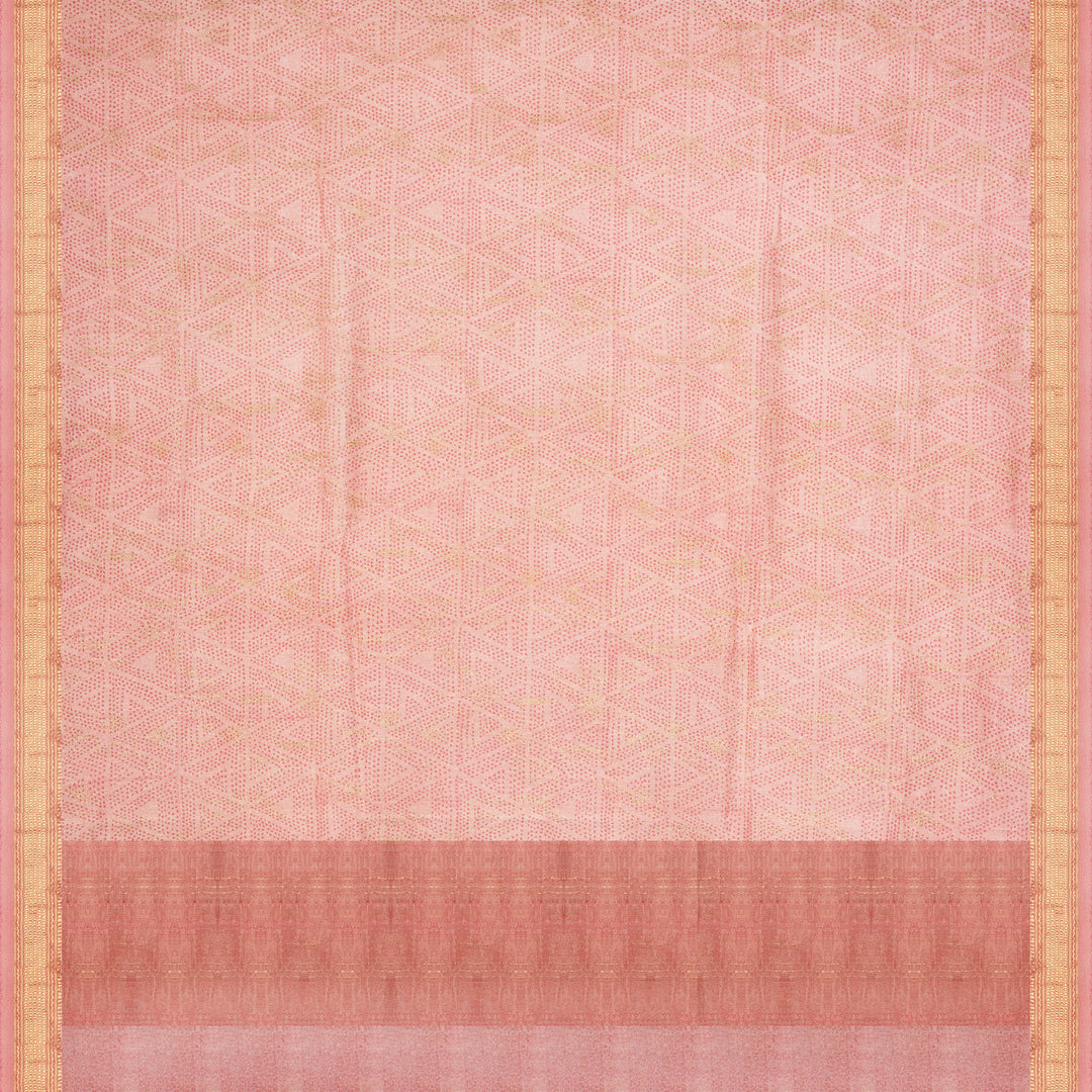 Pink Chanderi silk cotton saree with gold zari dotted triangle motifs and embroidered lace border