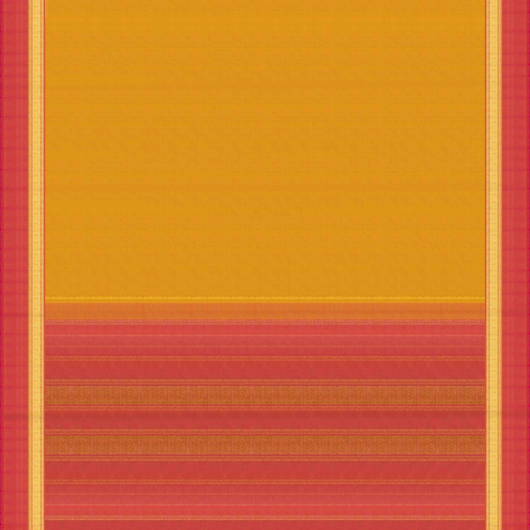 Yellow handwoven Kanjivaram silk saree with pink border, gold zari and contrast pallu