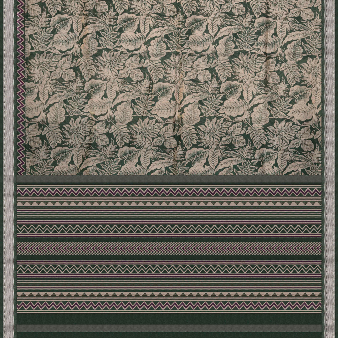 Green Handwoven Chanderi Silk Cotton Saree with Leaf Print and Silver Zari Border 3511T016681DSC