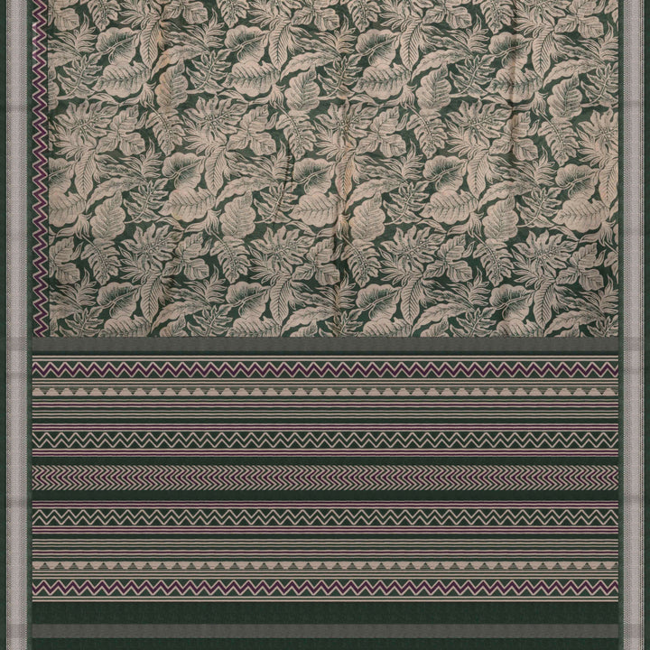 Green Handwoven Chanderi Silk Cotton Saree with Leaf Print and Silver Zari Border 3511T016681DSC