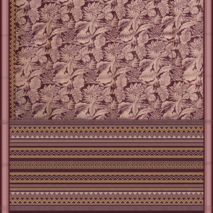 Violet Chanderi silk cotton saree with white leaf print, silver zari border and striped pallu