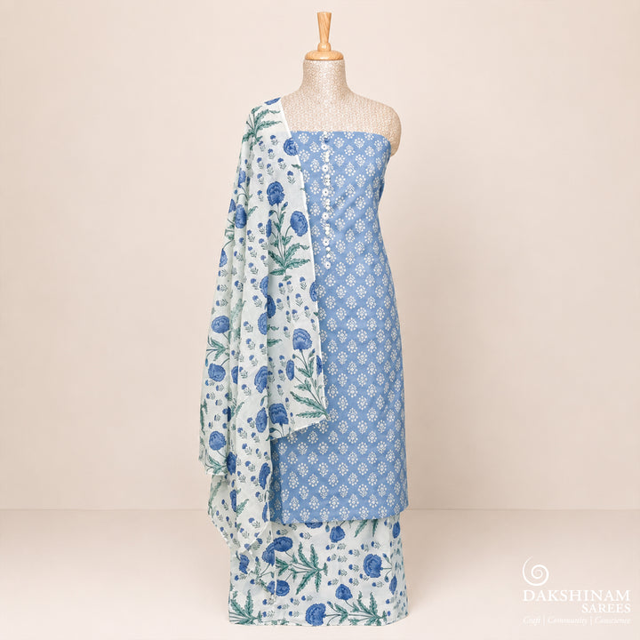 Blue and white three-piece suit set with floral handblock print