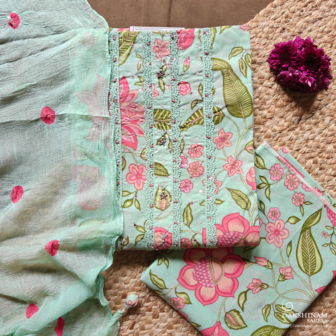 Aqua Green Three-Piece Suit Set with Floral Handwork and Bandhani Dupatta 71T017331DSC