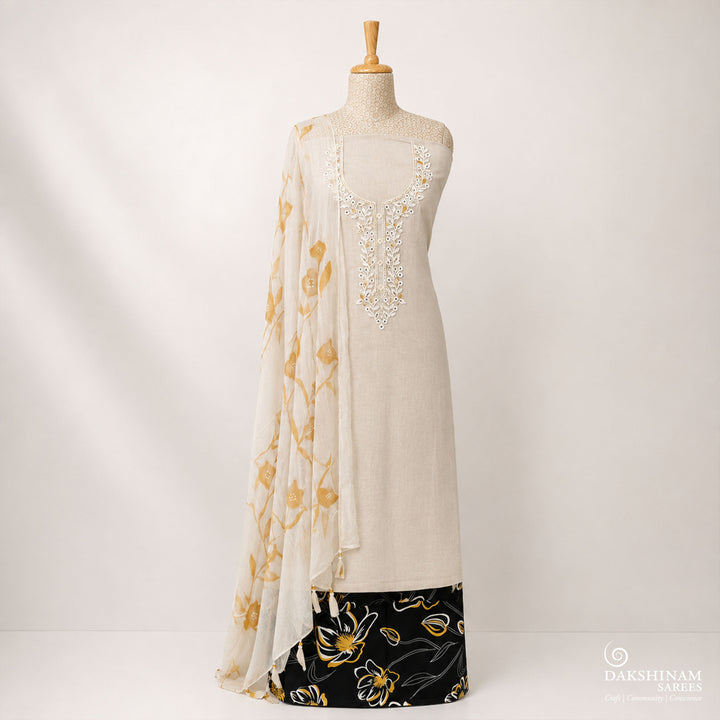Beige and Black Three-Piece Suit Set with Embroidery and Hand-Painted Dupatta 69T016535DSC