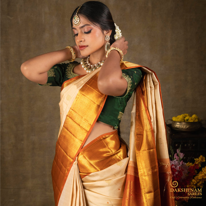 Beige Korvai Kanjivaram Silk Saree with Rust Orange Border 3537T017942DSC