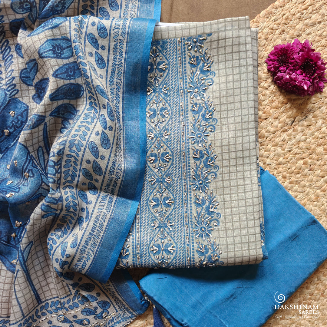 Grey and Blue Three-Piece Suit Set with Hand Embroidery and Floral Dupatta 70T017346DSC