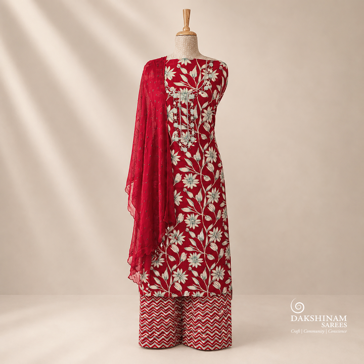 Red Floral Printed Cotton 3 Piece Suit Set with Bandhani Chiffon Dupatta 43N045903DSC