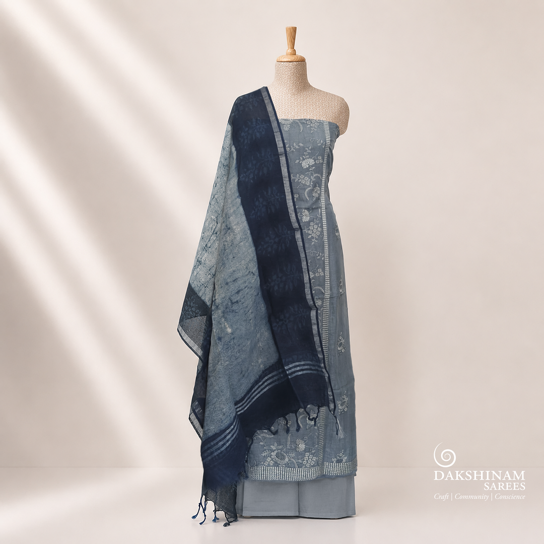 Light Blue Linen Floral Embroidered 3 Piece Suit Set with Dupatta 35N045844DSC