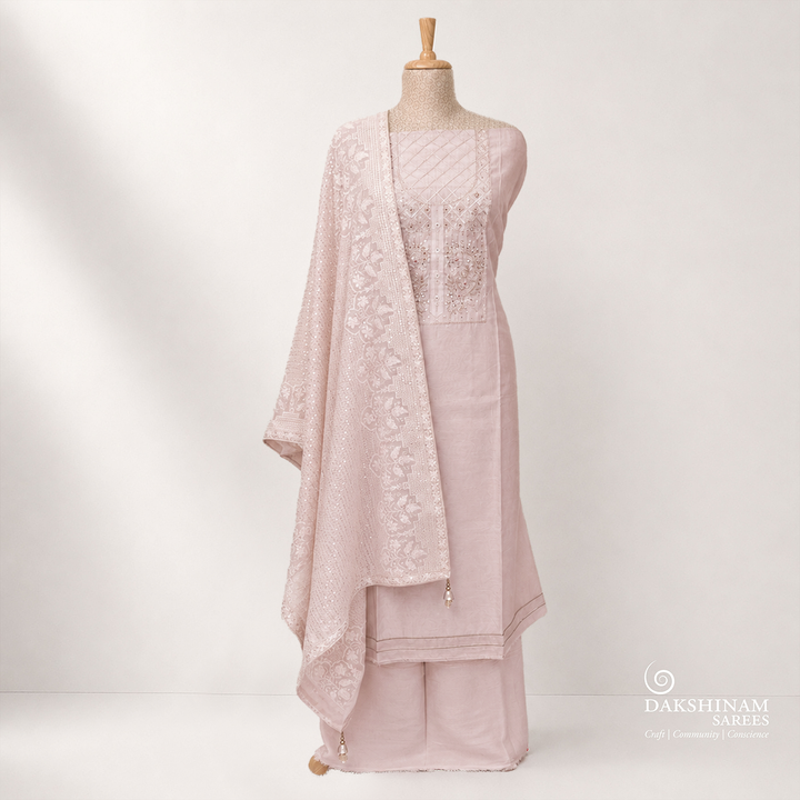 Baby Peach Hand Embroidered 3 Piece Suit Set with Sequin Dupatta 38T015623DSC